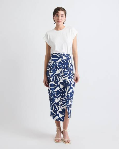 Linen-Blend Straight Midi Skirt with Wrap Front