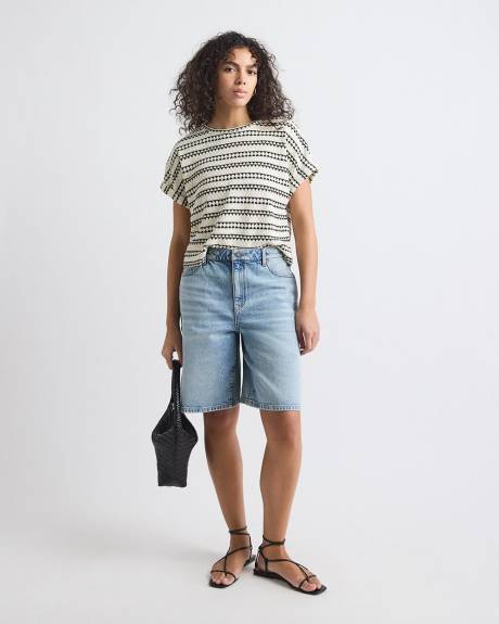 Striped Extended-Sleeve Crew-Neck Crochet Top