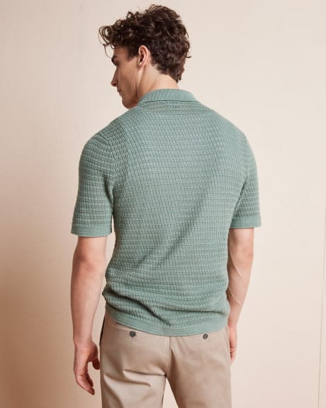 Short-Sleeve Crochet Knit Shirt with Camp Collar