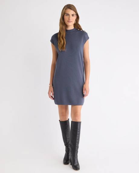 Extended-Sleeve Mock-Neck Mini-Dress with Buttons on Shoulder
