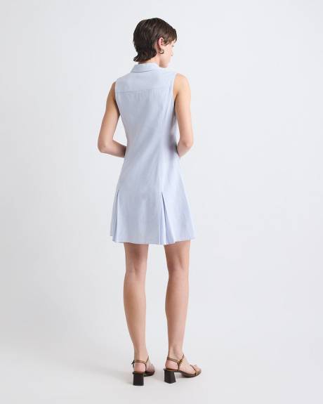 Robe Mini Sans Manches en Mélange de Lin à Col Chemisier