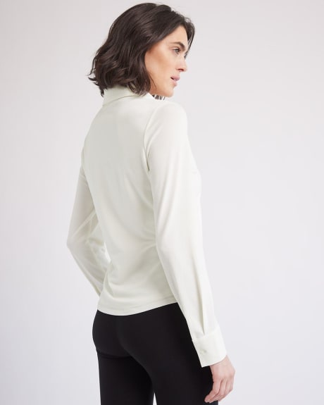 Knit Crepe Long Sleeve Top with Shirt Collar