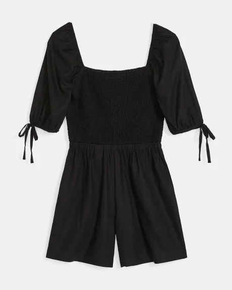 Linen Blend Square-Neck Smocked Romper with Puffy Sleeves