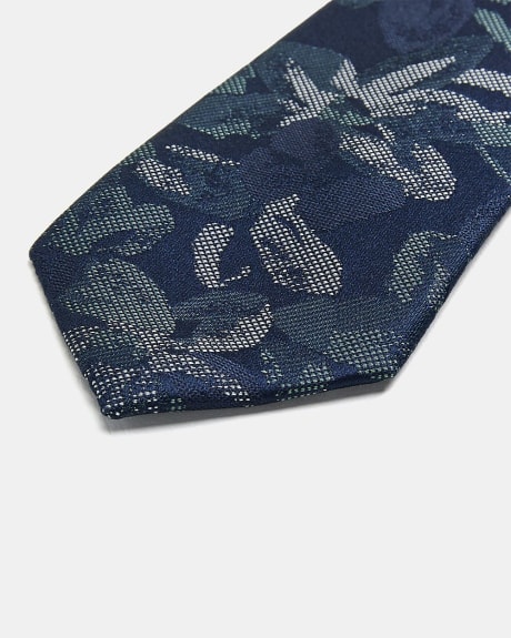 Regular Navy Tie with Green Floral Pattern