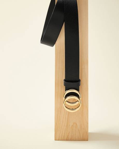 Black leather belt with double ring buckle