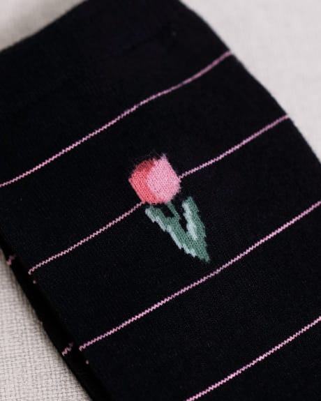 Striped Cotton Socks with Embroidered Tulip at Hem