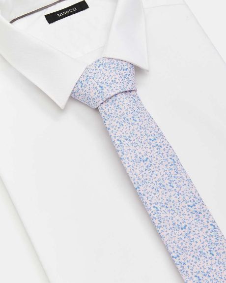 Skinny Pink Silk Tie with Blue Flowers
