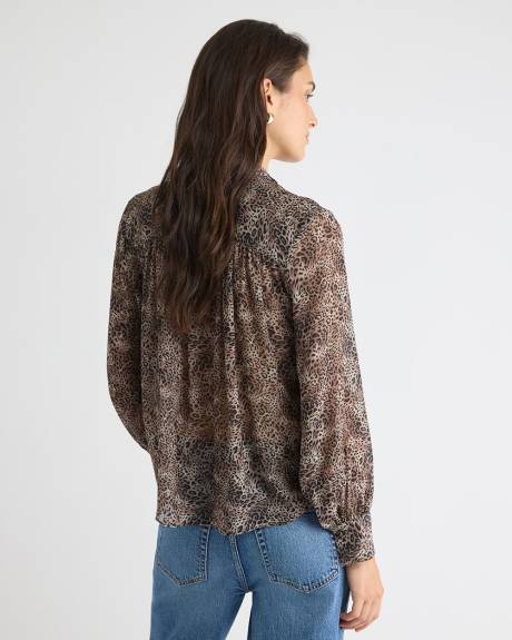 Blouse à Manches Longues à Col V avec Ruban à l'Encolure