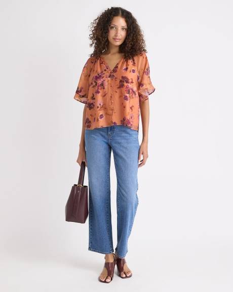 Blouse à Manches Courtes à Volants et Col V