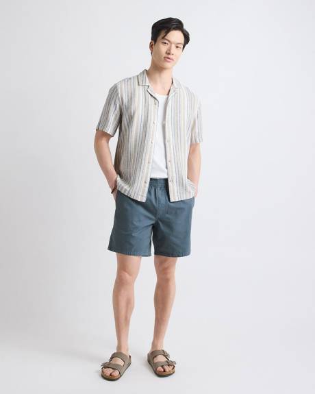 Chemise Ray&eacute;e &agrave; Manches Courtes et Col Camp en M&eacute;lange de Lin