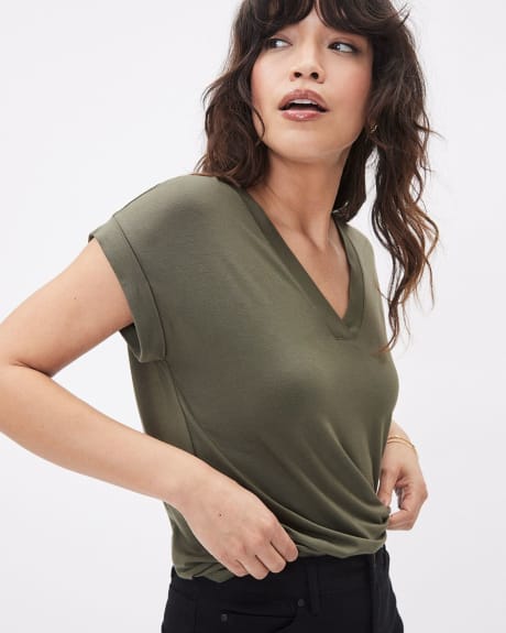 Extended-Sleeve V-Neck Tee with Rolled Cuffs
