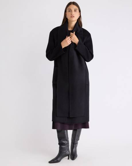 Manteau Long à Boutonnage Double en Mélange de Laine et Cachemire avec Foulard Amovible