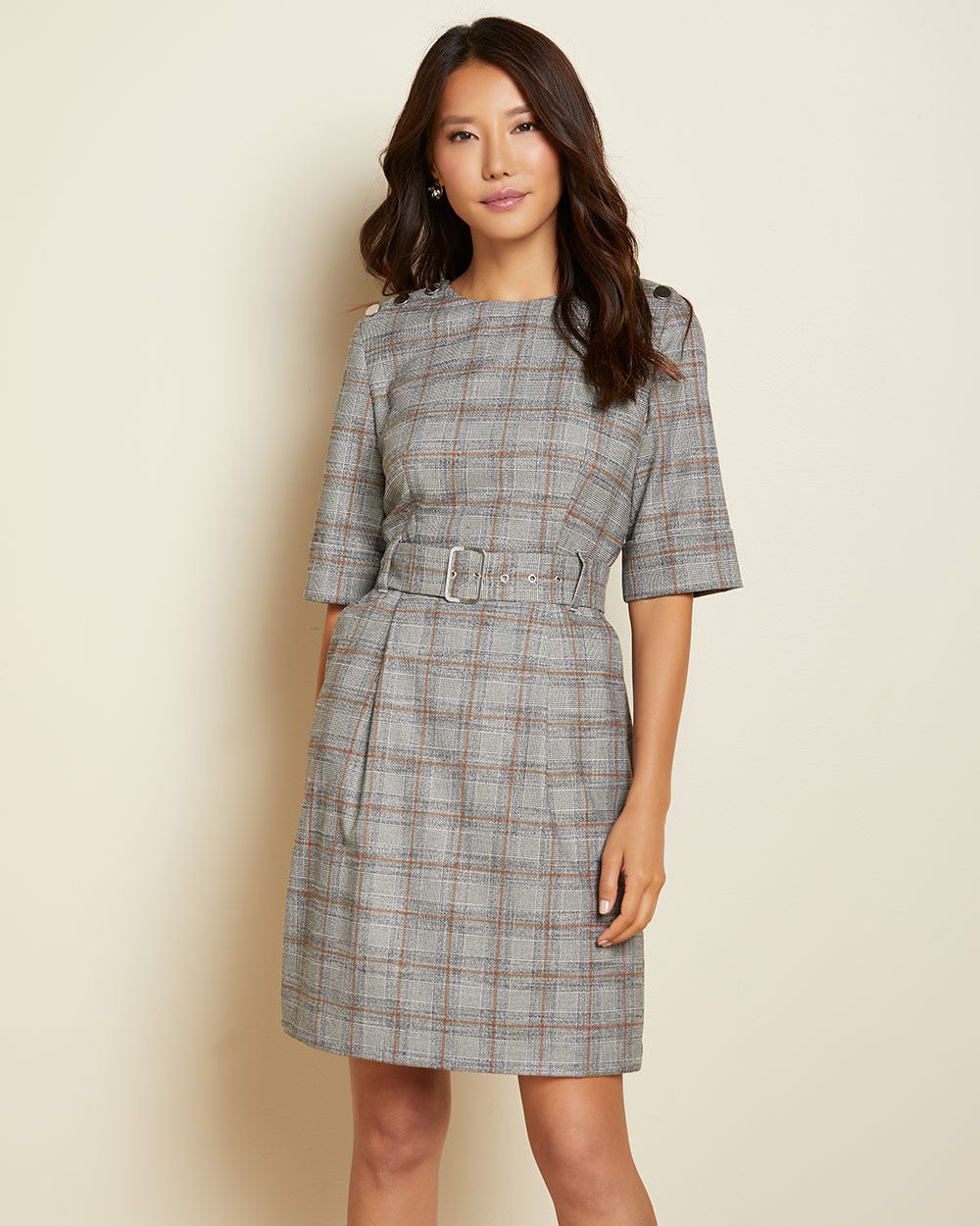Belted short sleeve flannel plaid dress | RW&CO.