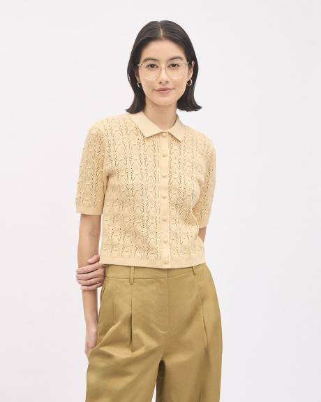 Short-Sleeve Buttoned-Down Sweater Top with Shirt Collar