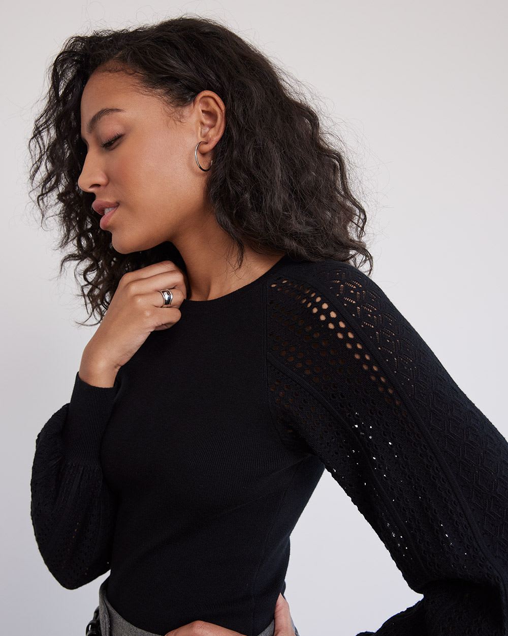 Long-Puffy-Sleeve Crew-Neck Sweater with Pointelle Stitches