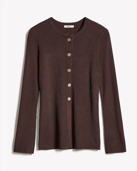 Flare-Sleeve Crew-Neck Ribbed Cardigan