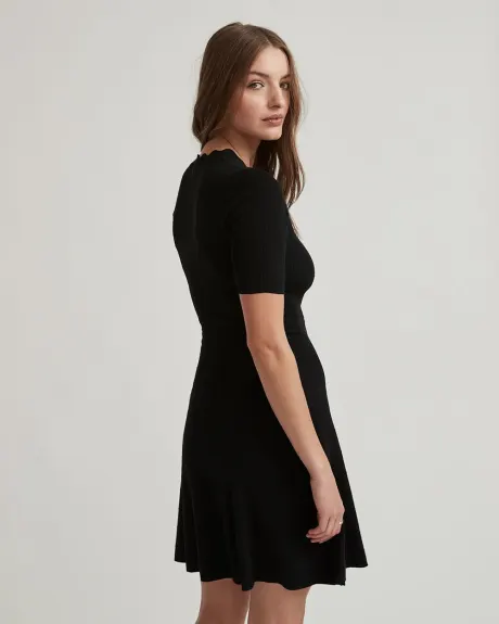 Buttoned V-Neck Sweater Dress with Scalloped Trim