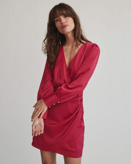 Satin Wrap V-Neck Fit and Flare Cocktail Dress