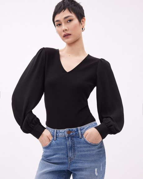 Mix-Media V-Neck Top with Long Puffy Sleeves