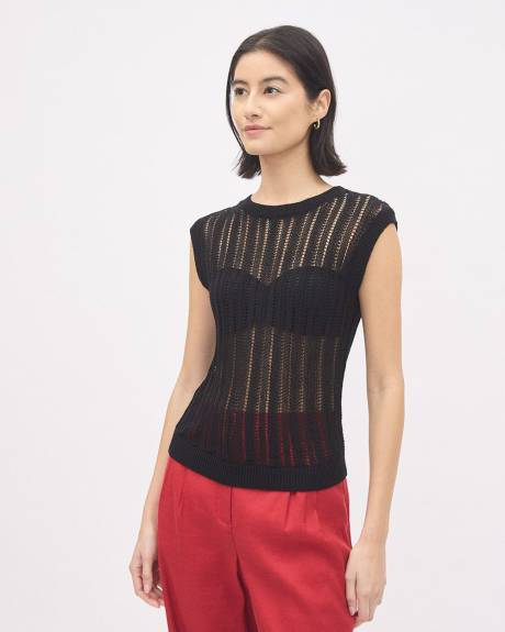 Pull en Mailles Ajourées à Manches Très Courtes et Col Rond