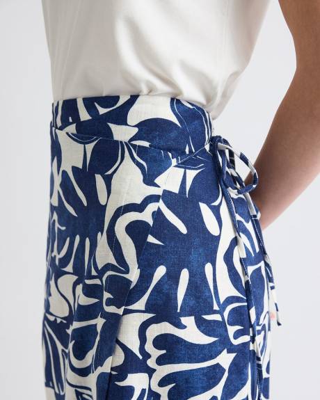 Linen-Blend Straight Midi Skirt with Wrap Front
