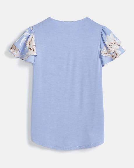 V-Neck Mix Media T-Shirt with Short Flutter Sleeves