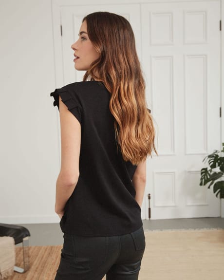 Crew Neck T-Shirt with Pleated Cap Sleeves