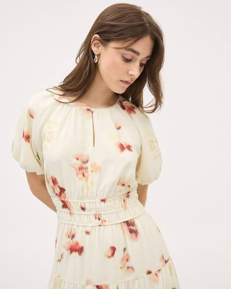 Robe Midi &agrave; Manches Courtes Bouffantes et Col Rond