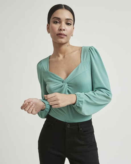 Knit Crepe Long Sleeve Top with Front Twist