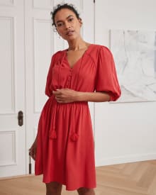 Puffy Sleeve Challis Dress with Tassels at Neck and Shirred Waist
