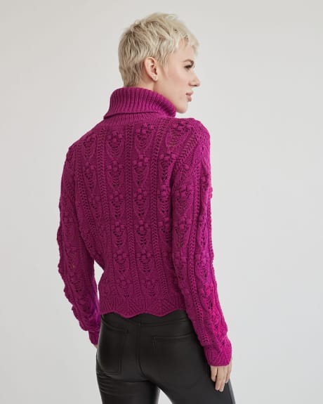 Pointelle Bobble Stitch Cropped Turtleneck Sweater
