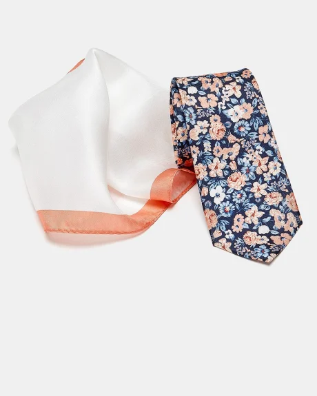 Regular Navy Floral Tie with Peach Trim Handkerchief - Gift Set