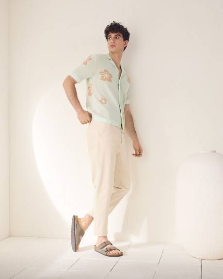 Short-Sleeve Floral Sweater with Camp Collar