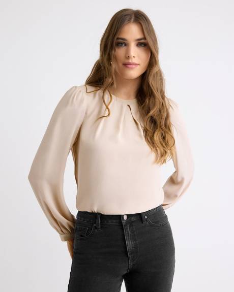 Mix-Media Long-Sleeve Crew-Neck Blouse