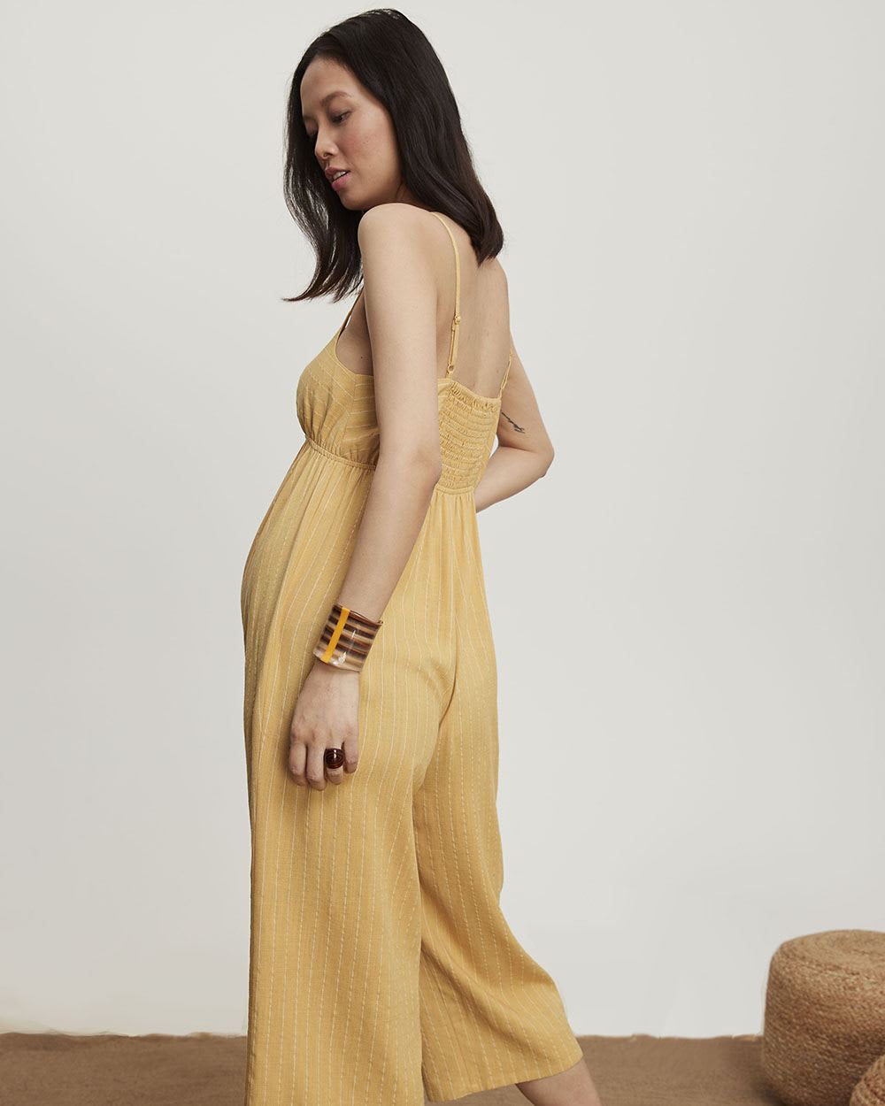 Striped Linen Blend Jumpsuit with Front Knot - Thyme Maternity