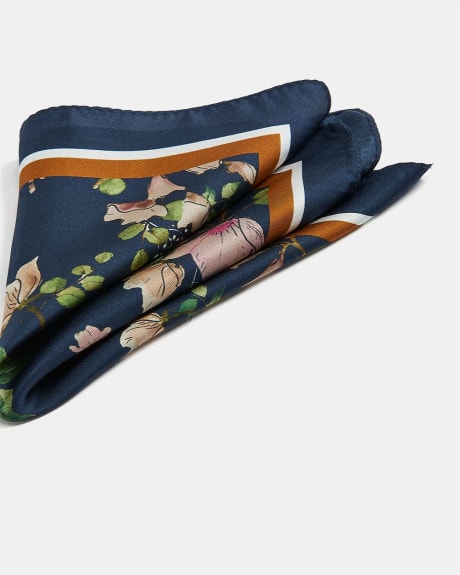 Flower Printed Pocket Square with Blue and Orange Outline