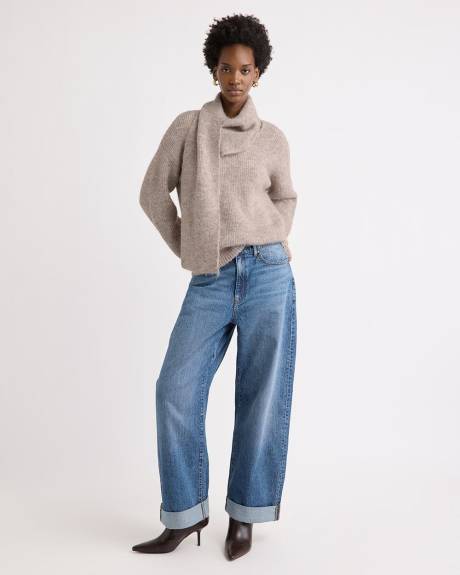 Long-Sleeve Crew-Neck Fuzzy-Knit Sweater with Scarf
