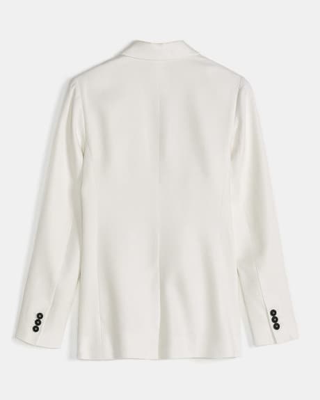 White Pique Faux Double-Breasted Long Blazer