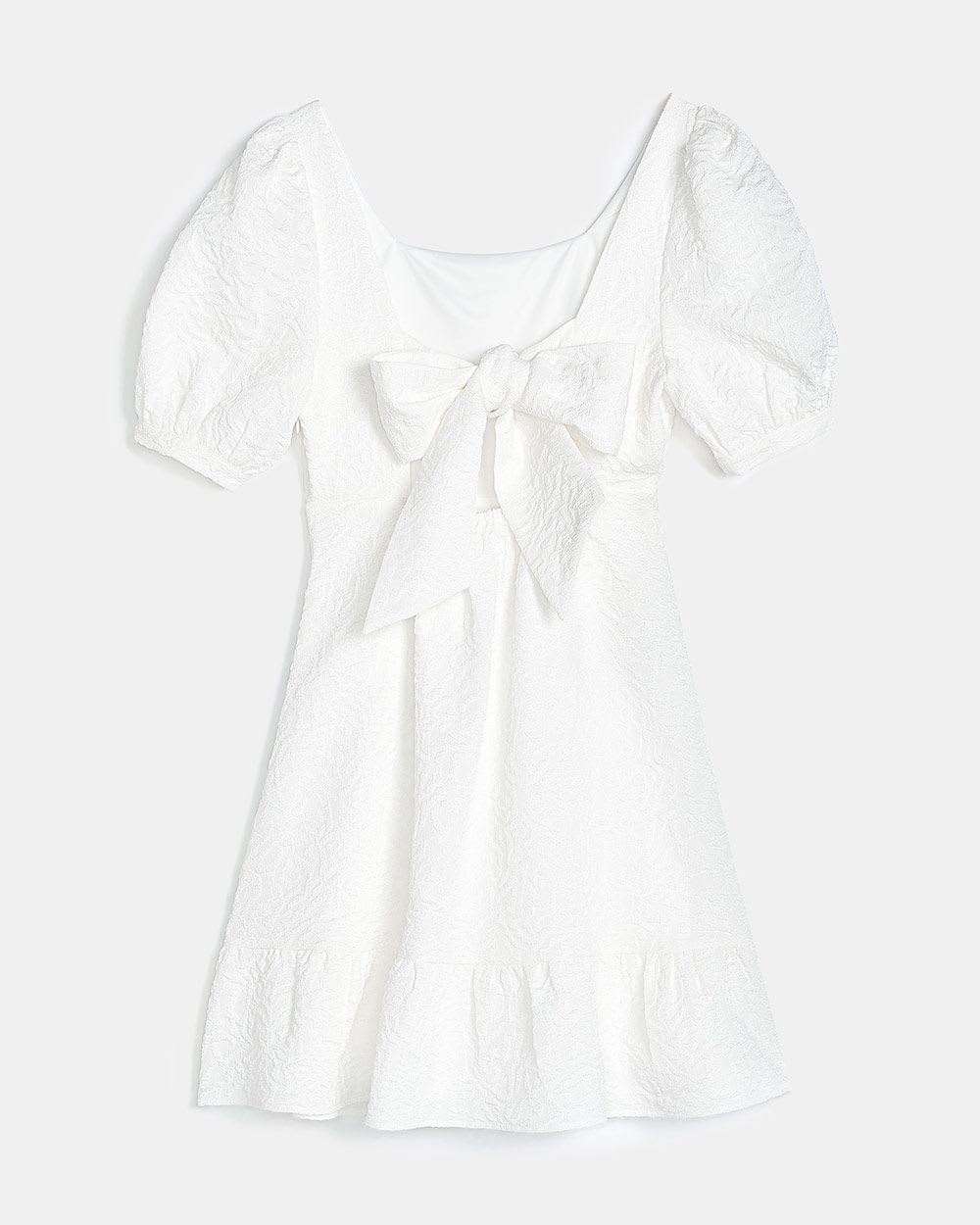 Textured Fit & Flare Puffy Sleeve Dress with Back Bow