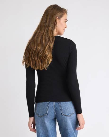 T-Shirt Côtelé à Manches Longues et Col V