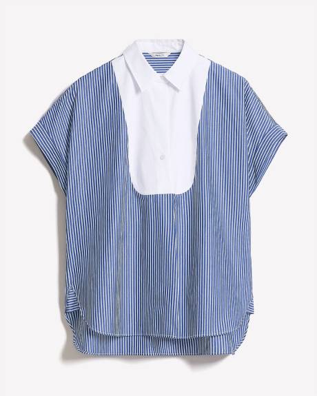 Blouse en Popeline Rayée à Manches Très Courtes et Col Chemisier
