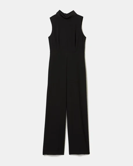 Crepe Sleeveless Mock-Neck Jumpsuit with Satin Bow at Back