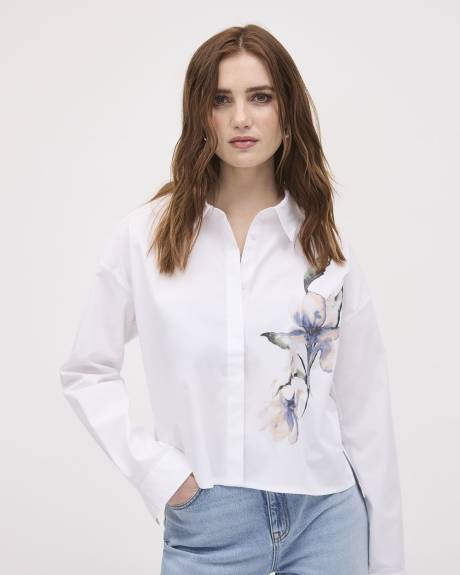 Long-Sleeve Buttoned-Down Poplin Blouse with Floral Print