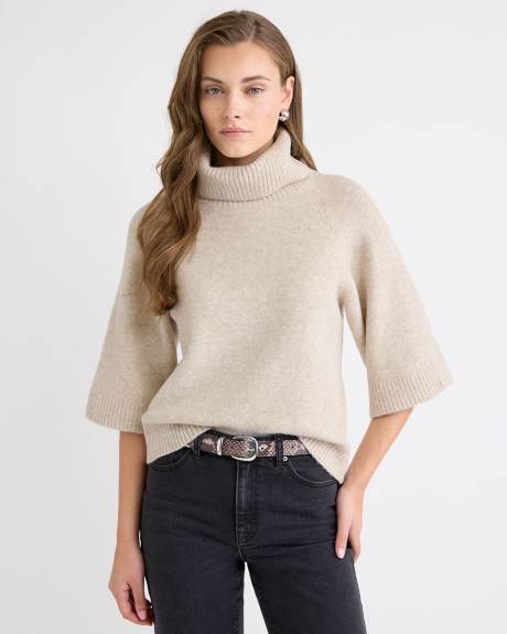 Elbow-Sleeve Mock-Neck Loose Sweater