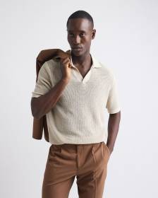 Short-Sleeve Johnny-Collar Sweater with Open Stitches