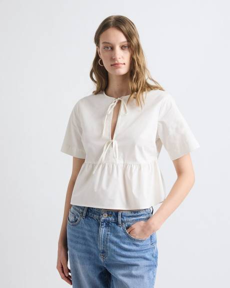 Elbow-Sleeve Peplum Blouse with Self-Ties at Front