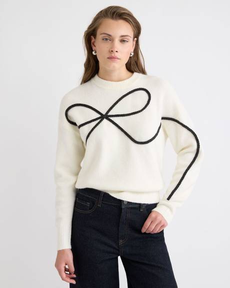 Long-Sleeve Crew-Neck Sweater with Braided Bow