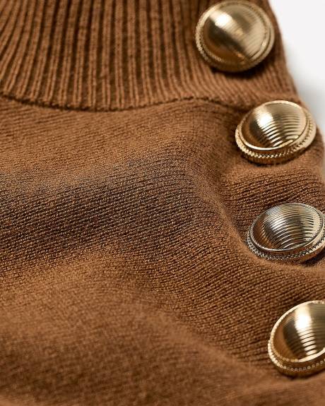 Extended-Sleeve Mock-Neck Mini-Dress with Buttons on Shoulder