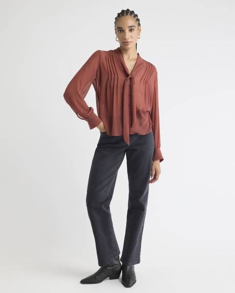 Long-Sleeve V-Neck Blouse with Ribbon at Neckline
