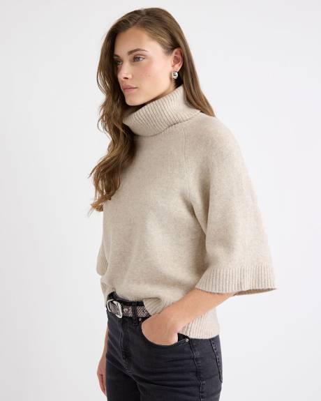 Elbow-Sleeve Mock-Neck Loose Sweater